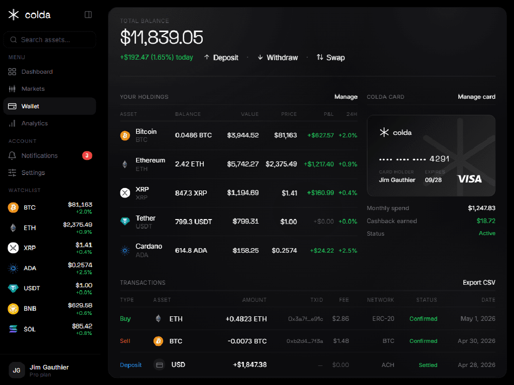 Wallet view with balance, holdings table, and Colda Card with cashback stats