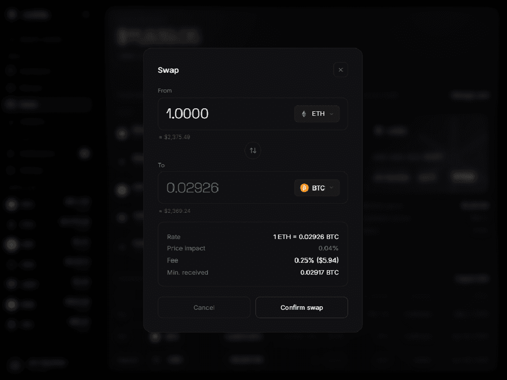 Buy crypto dialog with asset selector, amount input, and transaction preview