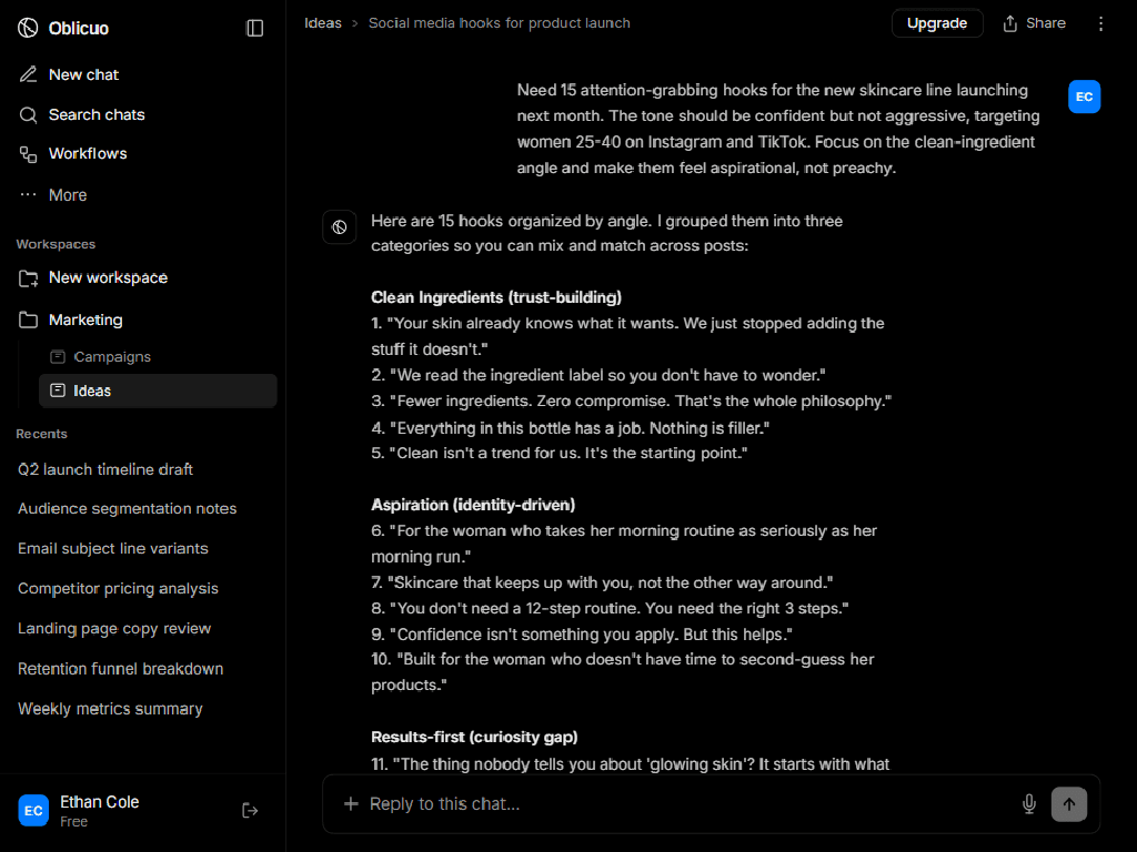 AI-generated social media hooks organized by marketing angle in Oblicuo