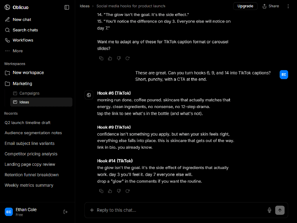 Follow-up conversation with TikTok caption adaptations and action buttons