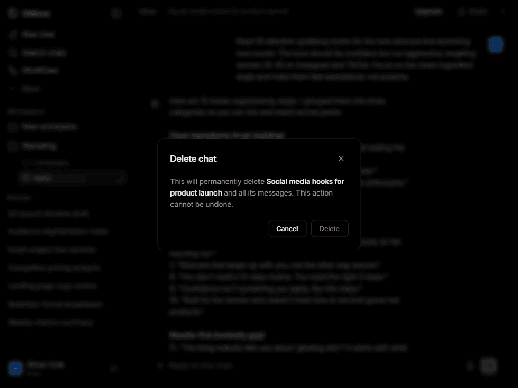Delete chat confirmation dialog with permanent action warning