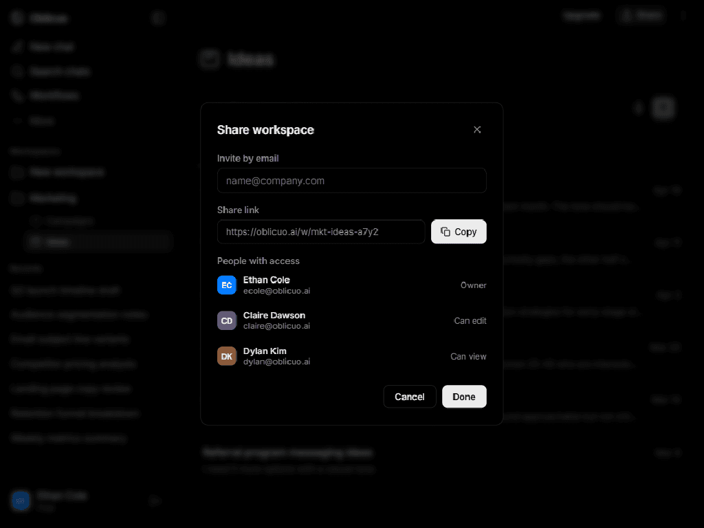 Share workspace dialog with team permissions and invite link